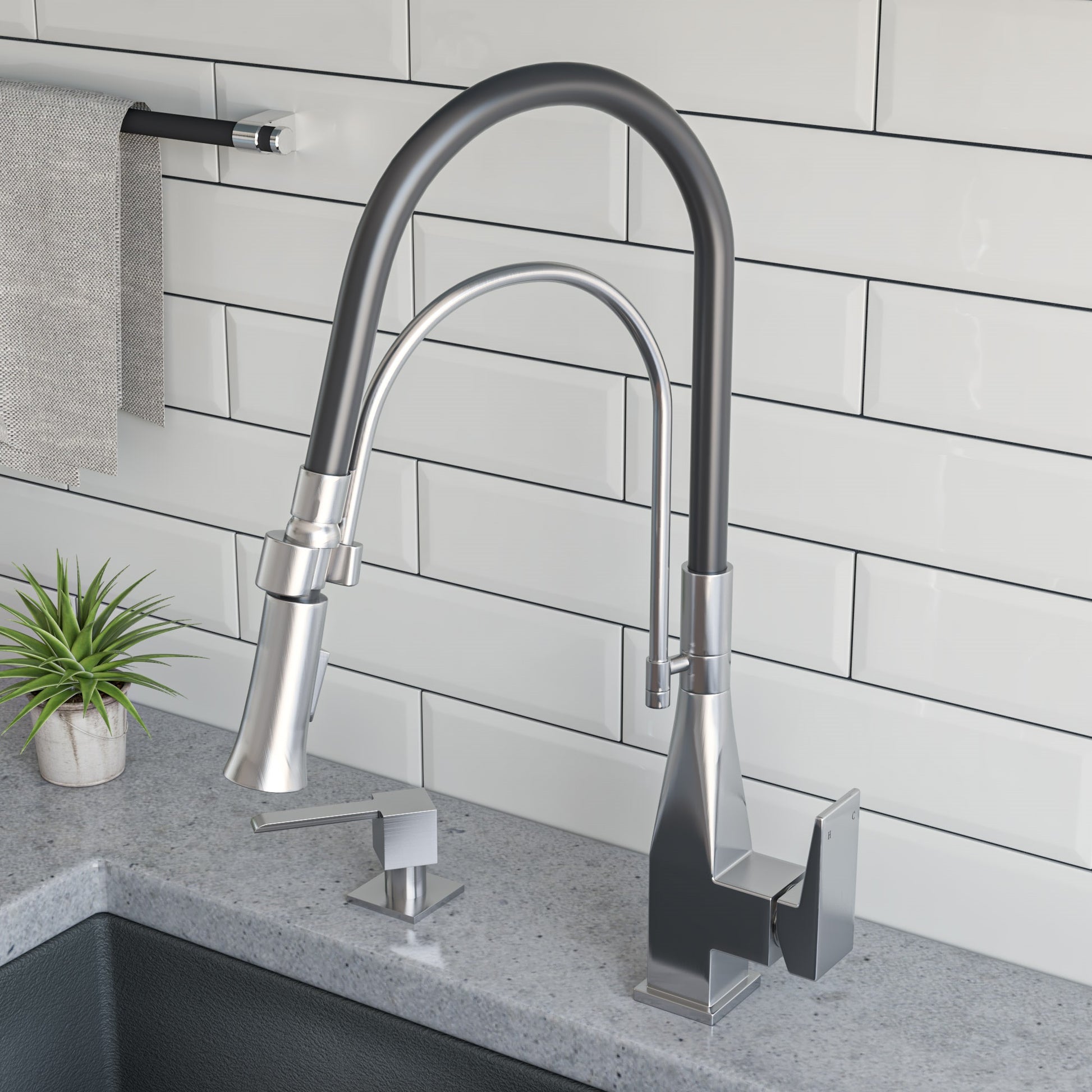 Brushed Nickel Square Kitchen Faucet with Black Rubber Stem