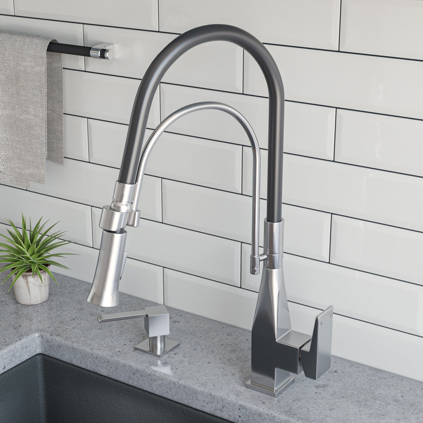 Brushed Nickel Square Kitchen Faucet with Black Rubber Stem