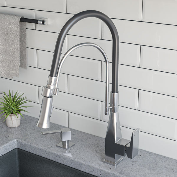 Brushed Nickel Square Kitchen Faucet with Black Rubber Stem