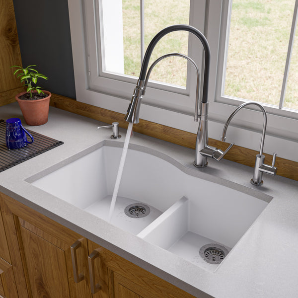 ALFI brand AB3320UM-W White 33 Double Bowl Undermount Granite Composite Kitchen Sink